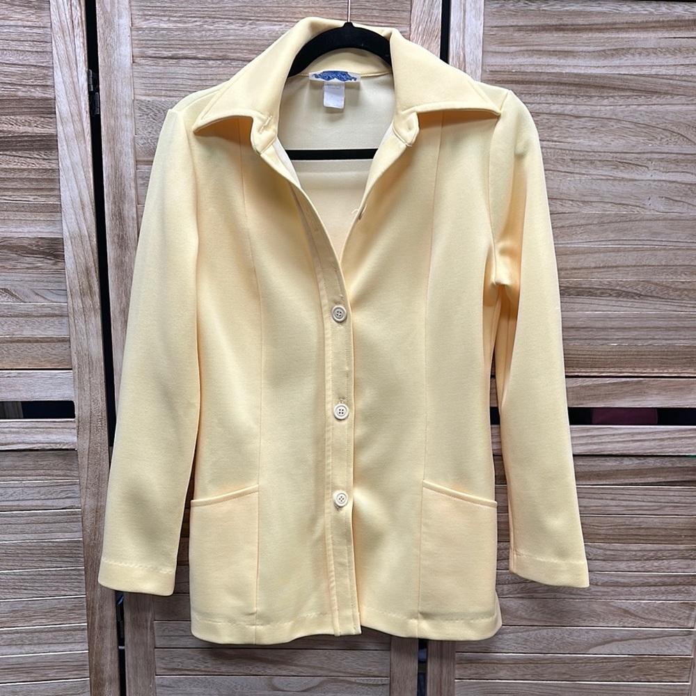 1970s Butter Yellow Polyester Thick Button Shirt with Dart Collar